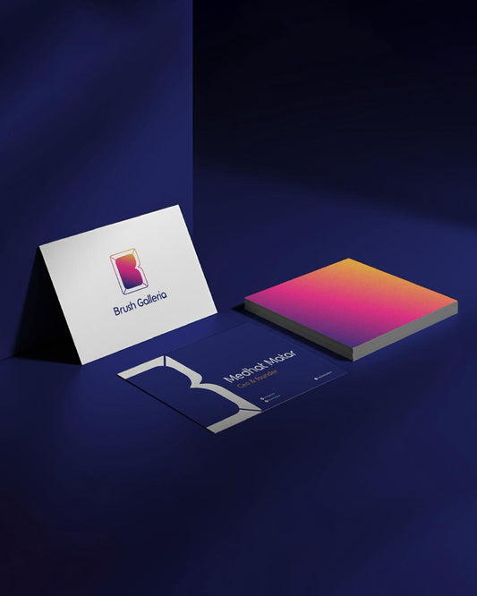 Pixels Summit minimalist brand identity mockup with business cards and gradient color palette on dark background.